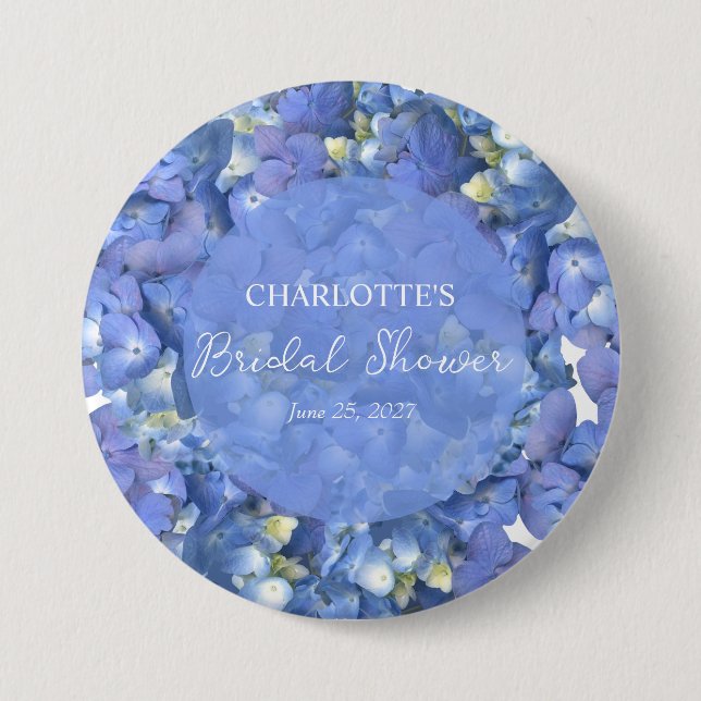 Blue Hydrangea Blooms Personalized Bridal Shower Button (Front)