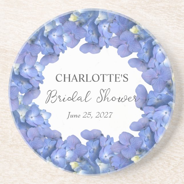 Blue Hydrangea Blooms Personalized Bridal Shower Coaster (Front)
