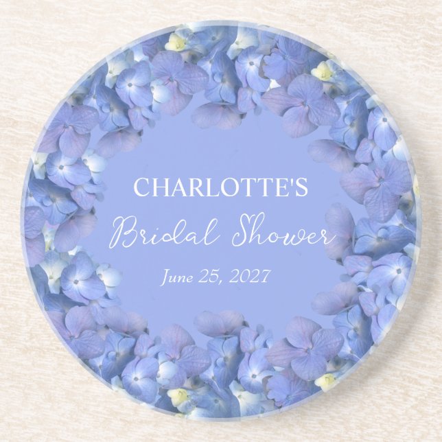 Blue Hydrangea Blooms Personalized Bridal Shower Coaster (Front)