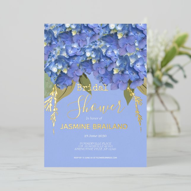 Blue Hydrangea Blooms Personalized Bridal Shower Foil Invitation (Standing Front)