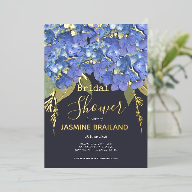 Blue Hydrangea Blooms Personalized Bridal Shower Foil Invitation (Standing Front)