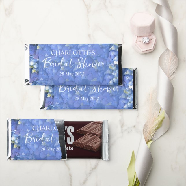 Blue Hydrangea Blooms Personalized Bridal Shower Hershey Bar Favors (Front)