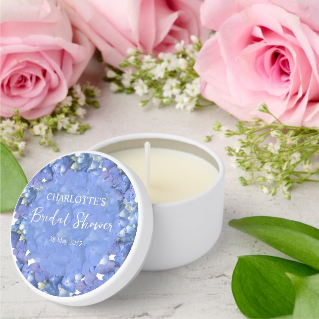 Blue Hydrangea Blooms Personalized Bridal Shower Mini Candle Favors (Insitu (Wedding))
