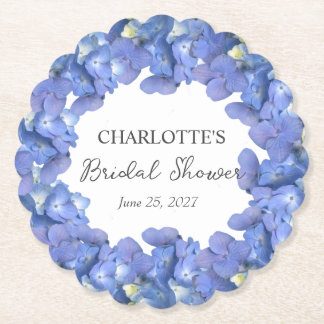 Blue Hydrangea Blooms Personalized Bridal Shower Paper Coaster