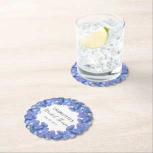 Blue Hydrangea Blooms Personalized Bridal Shower Paper Coaster