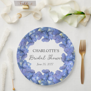 Blue Hydrangea Blooms Personalized Bridal Shower Paper Plates