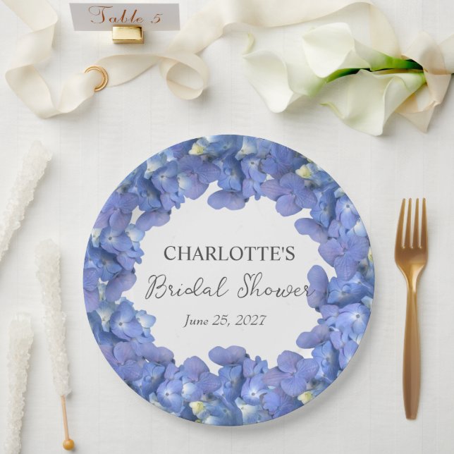 Blue Hydrangea Blooms Personalized Bridal Shower Paper Plates (Wedding)