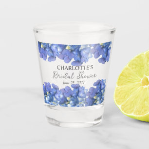 Blue Hydrangea Blooms Personalized Bridal Shower Shot Glass