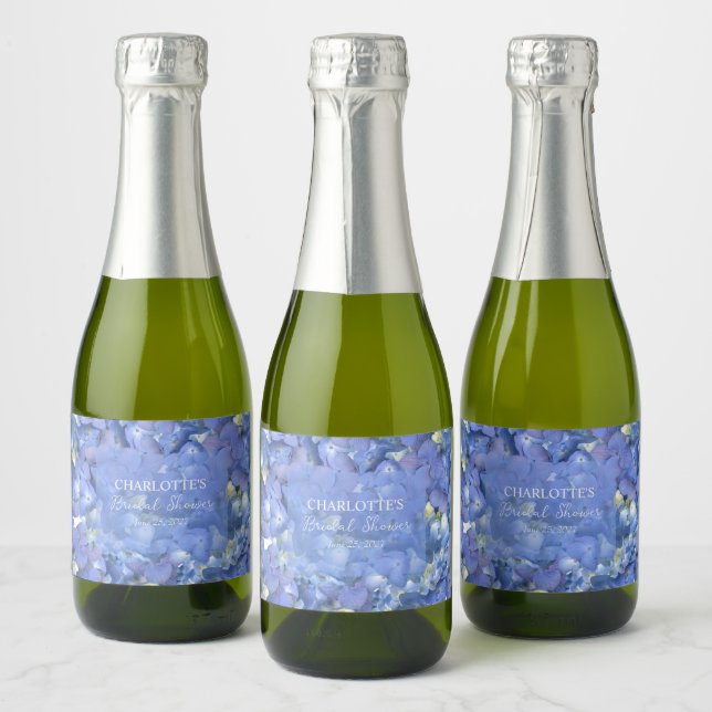 Blue Hydrangea Blooms Personalized Bridal Shower Sparkling Wine Label (Bottles)
