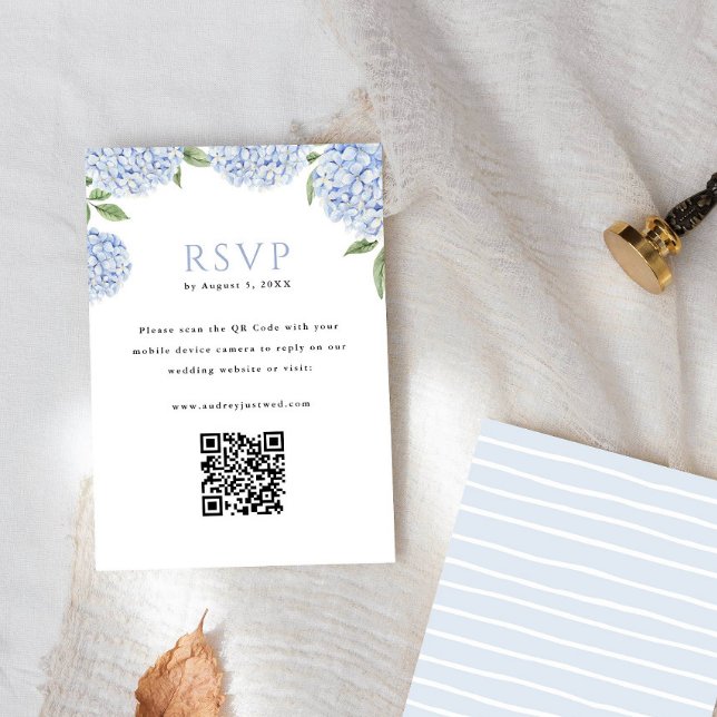Blue Hydrangea Blooms QR Code Reply Vertical RSVP Card (Creator Uploaded)
