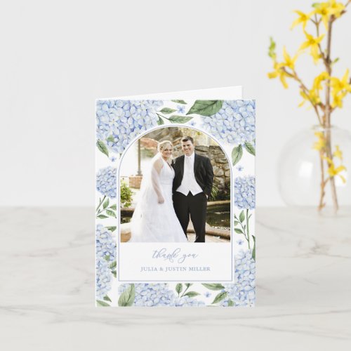 Blue Hydrangea Blooms Wedding Photo Thank You Card