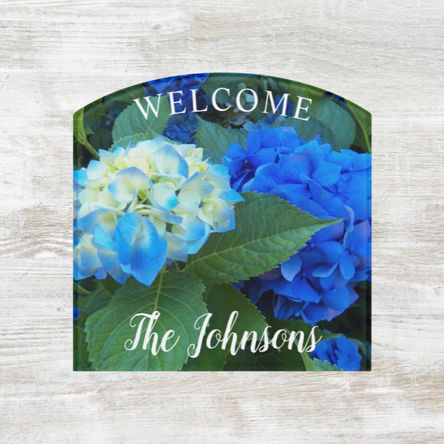 Blue Hydrangea Blooms with Family Name Welcome Door Sign (In Situ)