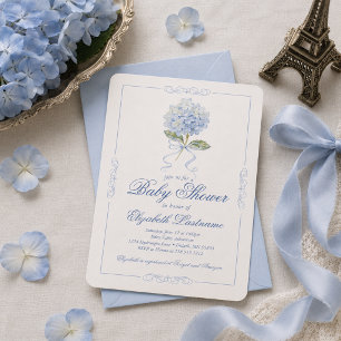 Blue Hydrangea Blue Bow Baby Shower Invitation