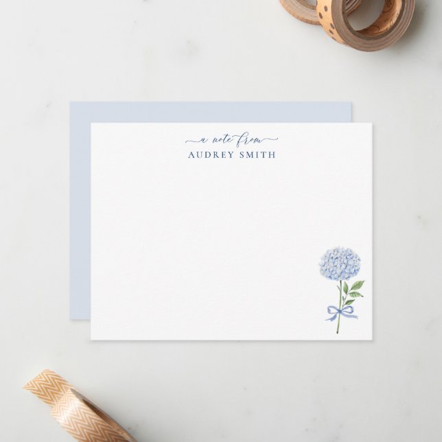 Blue Hydrangea Blue Personalized Note Card (Front/Back In Situ)