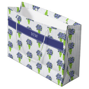 Blue Hydrangea Blue Stripe Coastal Monogram Large Gift Bag