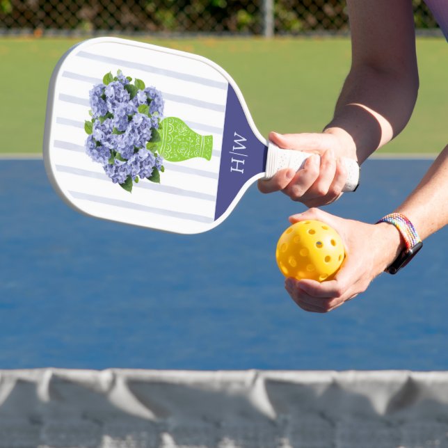  Blue Hydrangea Blue Stripe Monogram Pattern Pickleball Paddle (Insitu)