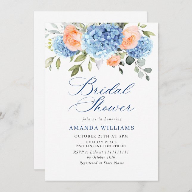 Blue Hydrangea Blush Pink Roses BRIDAL SHOWER Invitation (Front/Back)