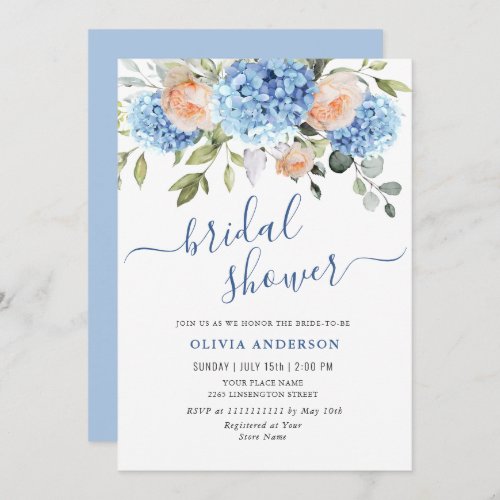 Blue Hydrangea Blush Pink Roses BRIDAL SHOWER Invitation