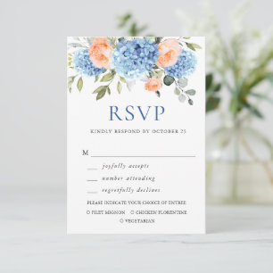 Blue Hydrangea Blush Pink Roses Flowers Wedding RSVP Card
