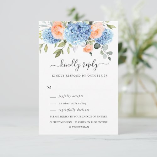 Blue Hydrangea Blush Pink Roses Flowers Wedding RSVP Card