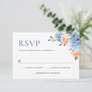 Blue Hydrangea Blush Pink Roses Flowers Wedding RSVP Card