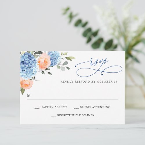 Blue Hydrangea Blush Pink Roses Flowers Wedding RSVP Card