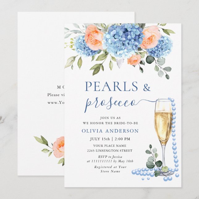 Blue Hydrangea Blush Pink Roses PEARLS & Prosecco Invitation (Front/Back)