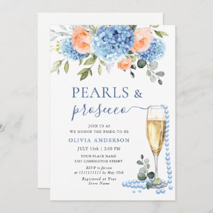 Blue Hydrangea Blush Pink Roses PEARLS & Prosecco Invitation