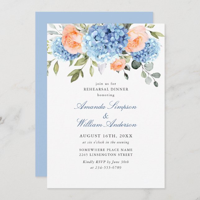 Blue Hydrangea Blush Pink Roses Rehearsal Dinner Invitation (Front/Back)