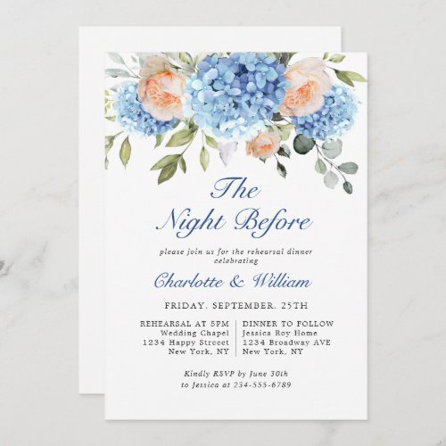 Blue Hydrangea Blush Pink Roses Rehearsal Dinner Invitation