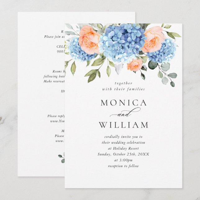 Blue Hydrangea Blush Pink Roses Wedding All In One Invitation (Front/Back)