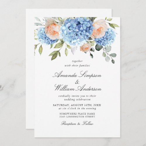 Blue Hydrangea Blush Pink Roses Wedding All In One Invitation