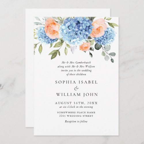 Blue Hydrangea Blush Pink Roses Wedding All In One Invitation