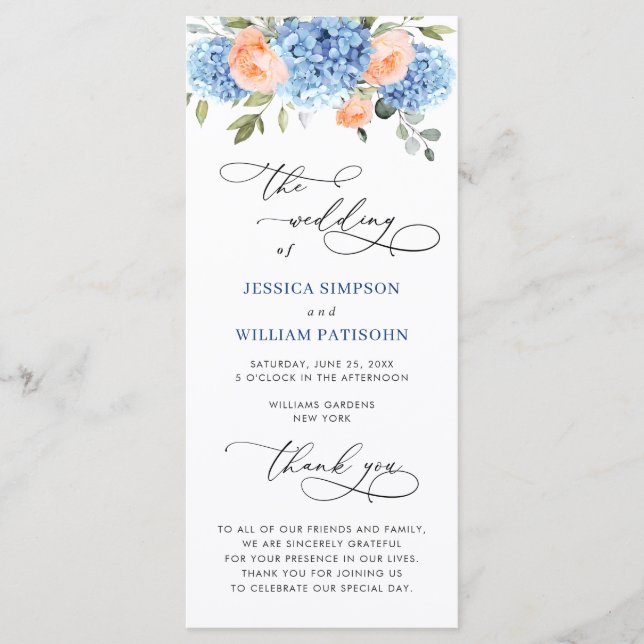 Blue Hydrangea Blush Pink Roses Wedding Ceremony Program (Front)