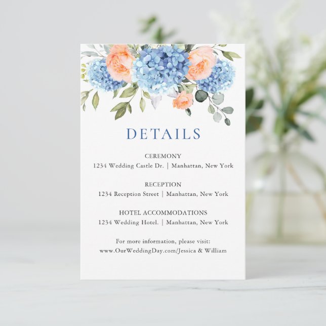 Blue Hydrangea Blush Pink Roses Wedding Details Enclosure Card (Standing Front)