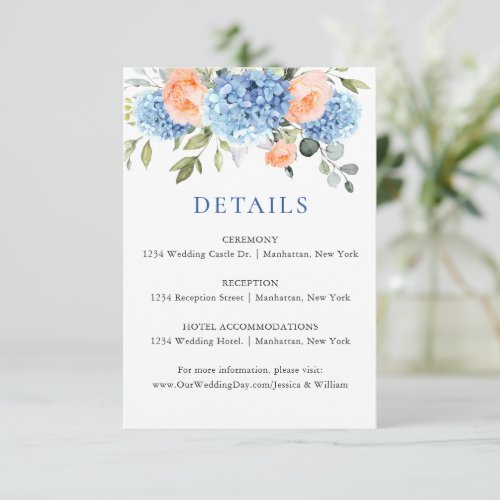 Blue Hydrangea Blush Pink Roses Wedding Details Enclosure Card