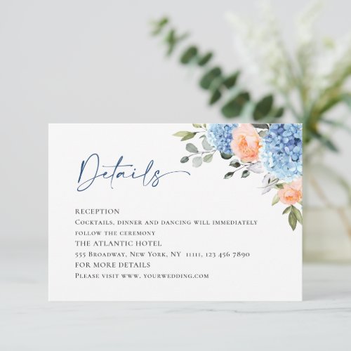 Blue Hydrangea Blush Pink Roses Wedding Details Enclosure Card