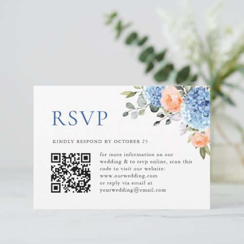Blue Hydrangea Blush Pink Roses Wedding QR code RSVP Card