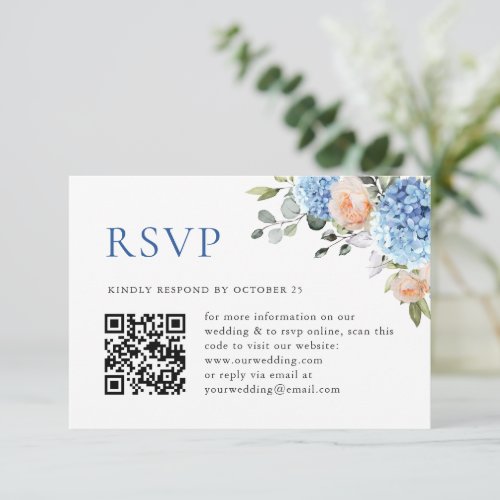 Blue Hydrangea Blush Pink Roses Wedding QR code RSVP Card