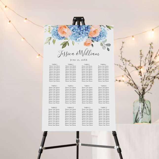 Blue Hydrangea Blush Rose 12 Tables SEATING CHART Foam Board (In Situ (Stand))