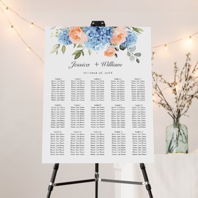 Blue Hydrangea Blush Rose 15 Tables SEATING CHART Foam Board (In Situ (Stand))
