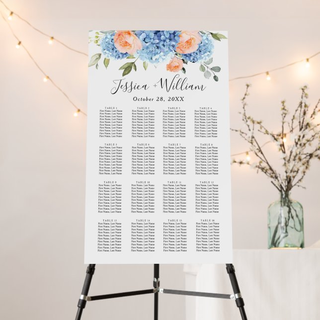 Blue Hydrangea Blush Rose 16 Tables SEATING CHART Foam Board (In Situ (Stand))