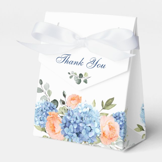Blue Hydrangea Blush Rose Eucalyptus Bridal Shower Favor Boxes (Front Side)