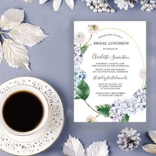 Blue Hydrangea Blush Rose Floral Bridal Shower Invitation