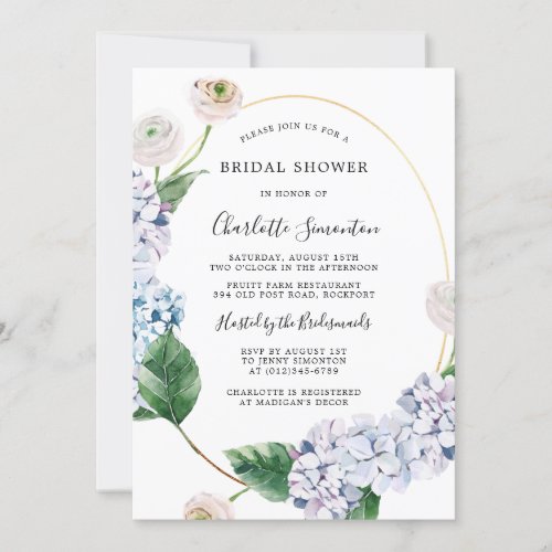 Blue Hydrangea Blush Rose Floral Bridal Shower Invitation