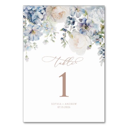Blue Hydrangea  Blush Rose Wedding Table Numbers