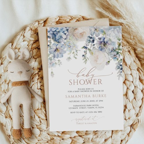 Blue Hydrangea  Blush Roses Baby Shower Invitation