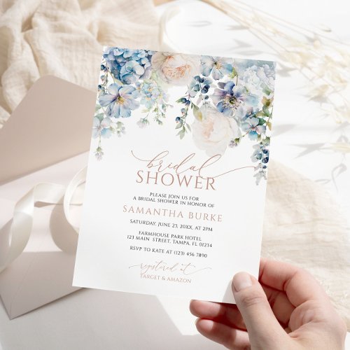 Blue Hydrangea  Blush Roses Bridal Shower Invitation