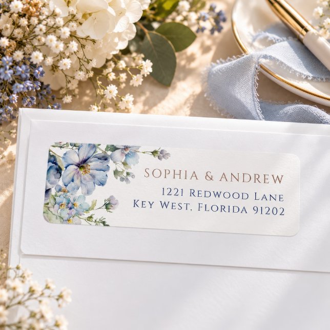 Blue Hydrangea & Blush Roses Return Address Label (Blue hydrangea floral wedding address label, personalized with names and address)