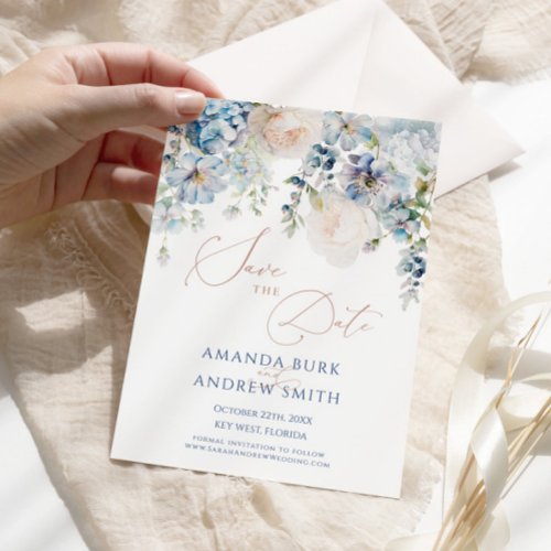 Blue Hydrangea  Blush Roses Save the Date Invitation
